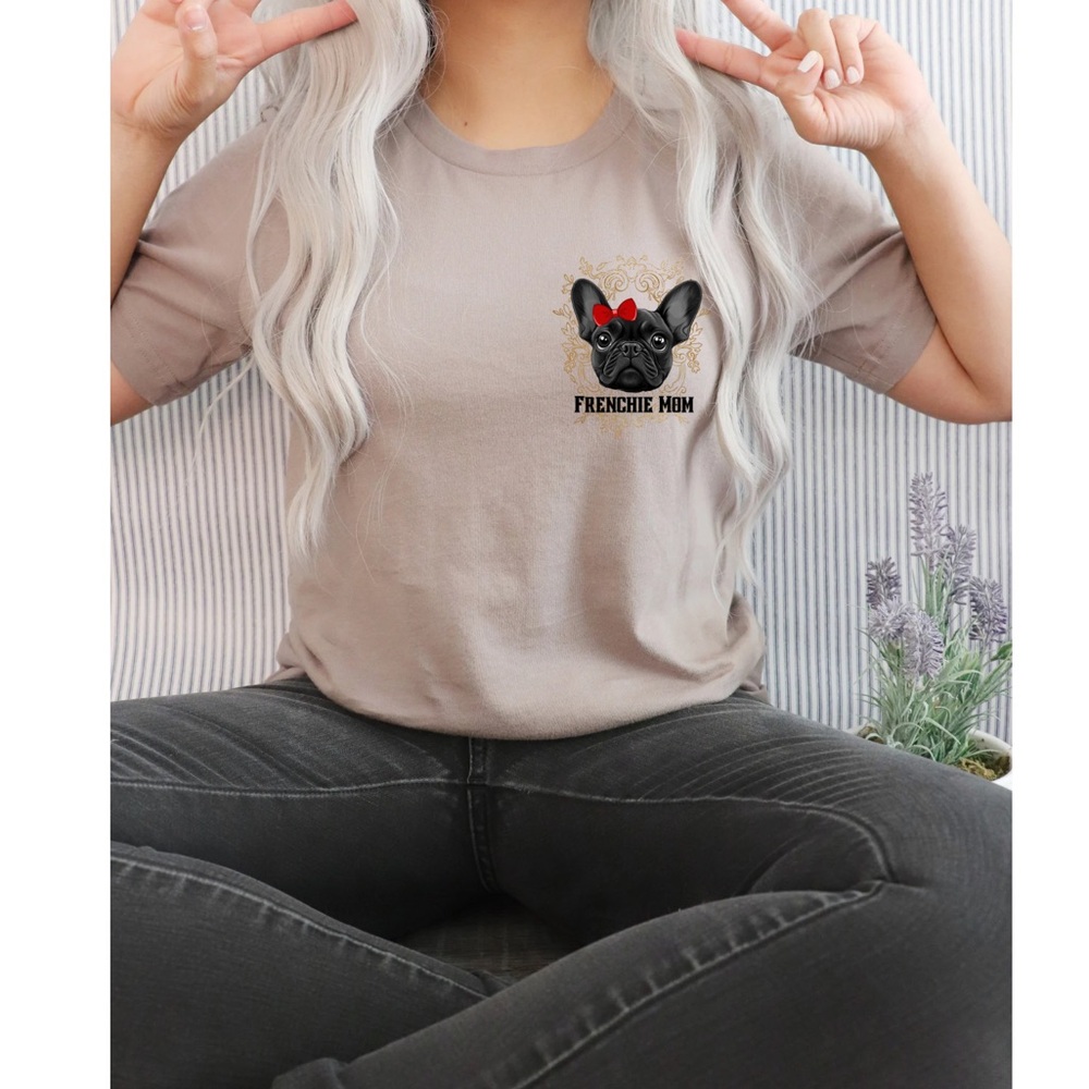 Frenchie Mom T-Shirt - Taupe with Black & Red Dog Graphic